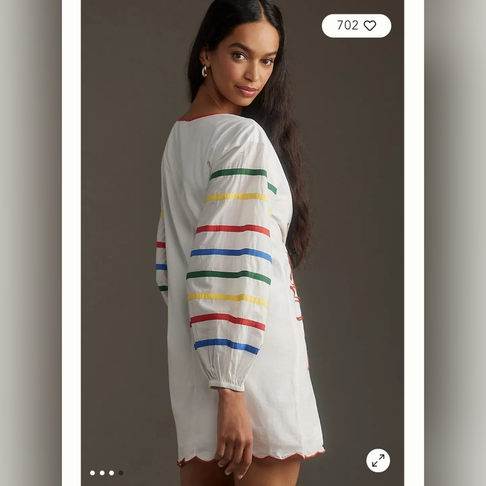 FARM Rio White Long-Sleeve Dress with Rainbow Stripe Sleeves and Rust Embroidery - Picture 5 of 6